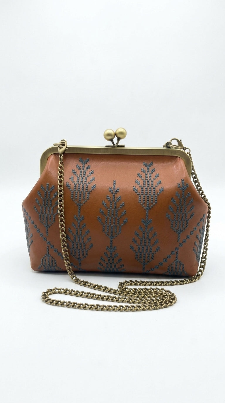 Cognac Kiss-Lock Bag with Blue Palm Embroidery