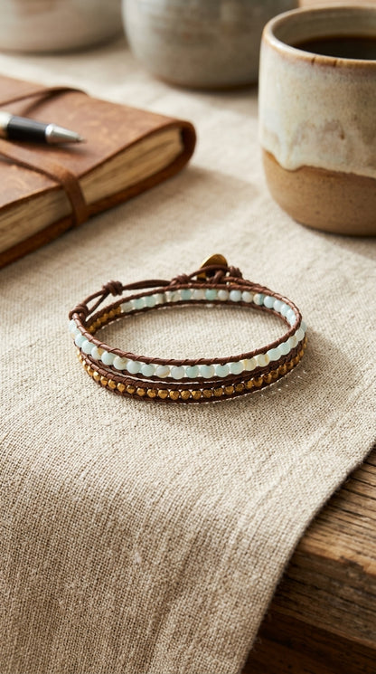 Women’s 2-Strand Leather  Wrap Bracelet with Mother  of Pearl and Hematite  Beads