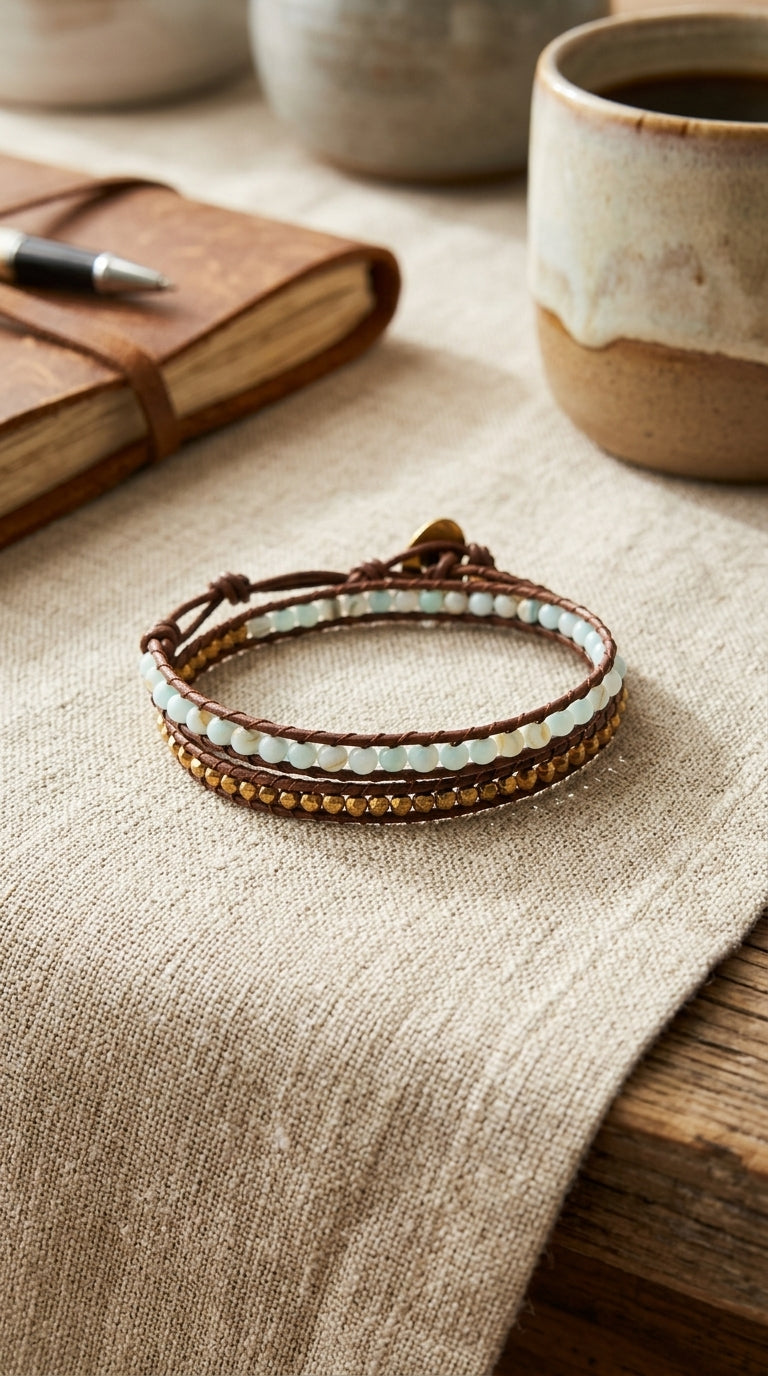 Women’s 2-Strand Leather  Wrap Bracelet with Mother  of Pearl and Hematite  Beads