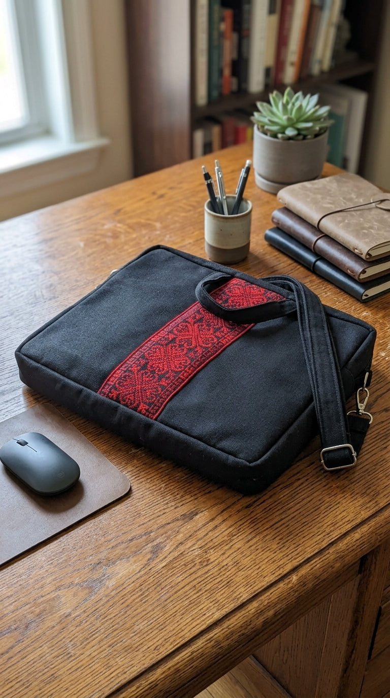 Embroidered Tatreez Laptop Bag - Black