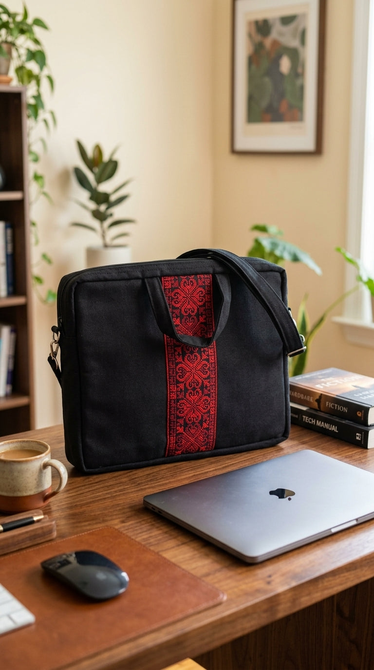 Embroidered Tatreez Laptop Bag - Black