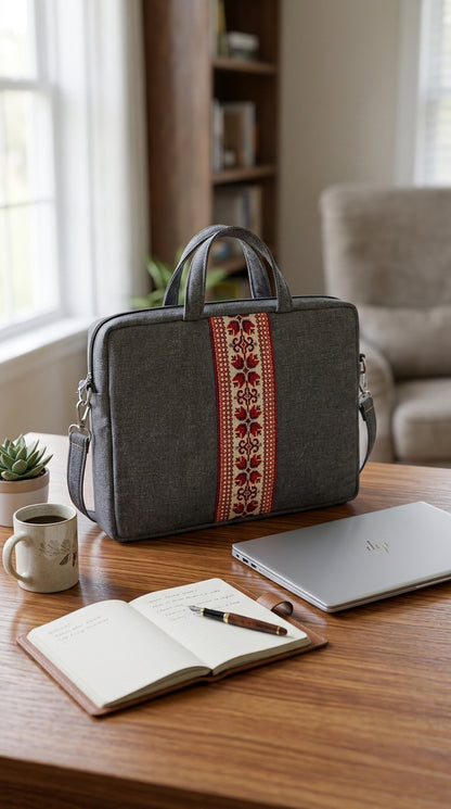 Yara Design Embroidered Tatreez Laptop Bag - Stone Grey