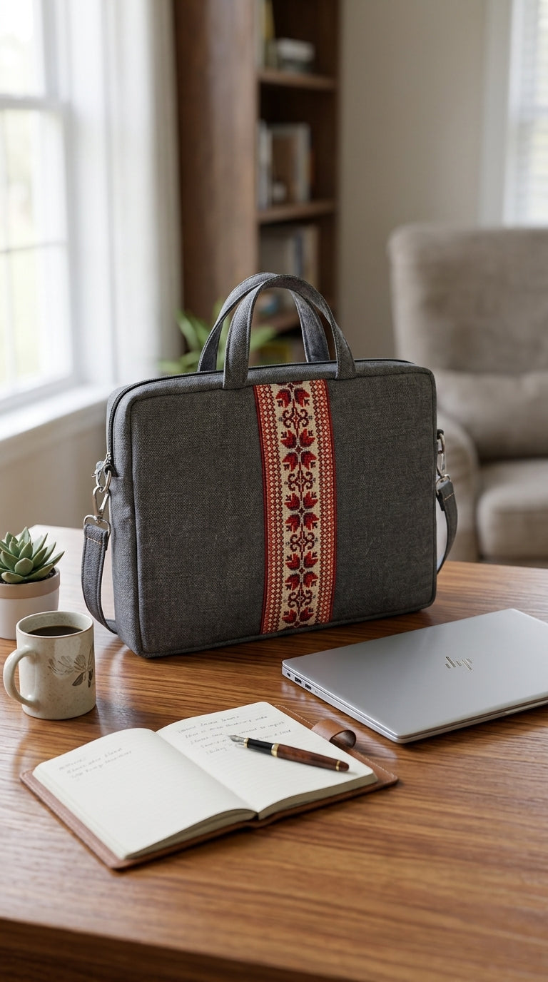 Yara Design Embroidered Tatreez Laptop Bag - Stone Grey