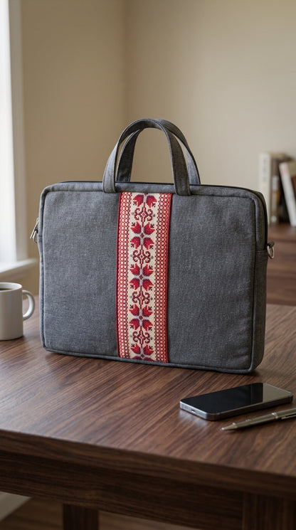 Yara Design Embroidered Tatreez Laptop Bag - Stone Grey