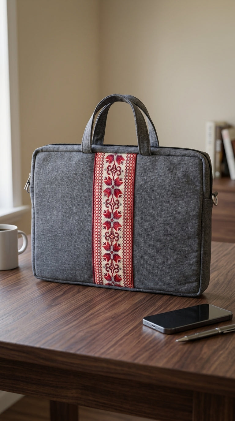 Yara Design Embroidered Tatreez Laptop Bag - Stone Grey