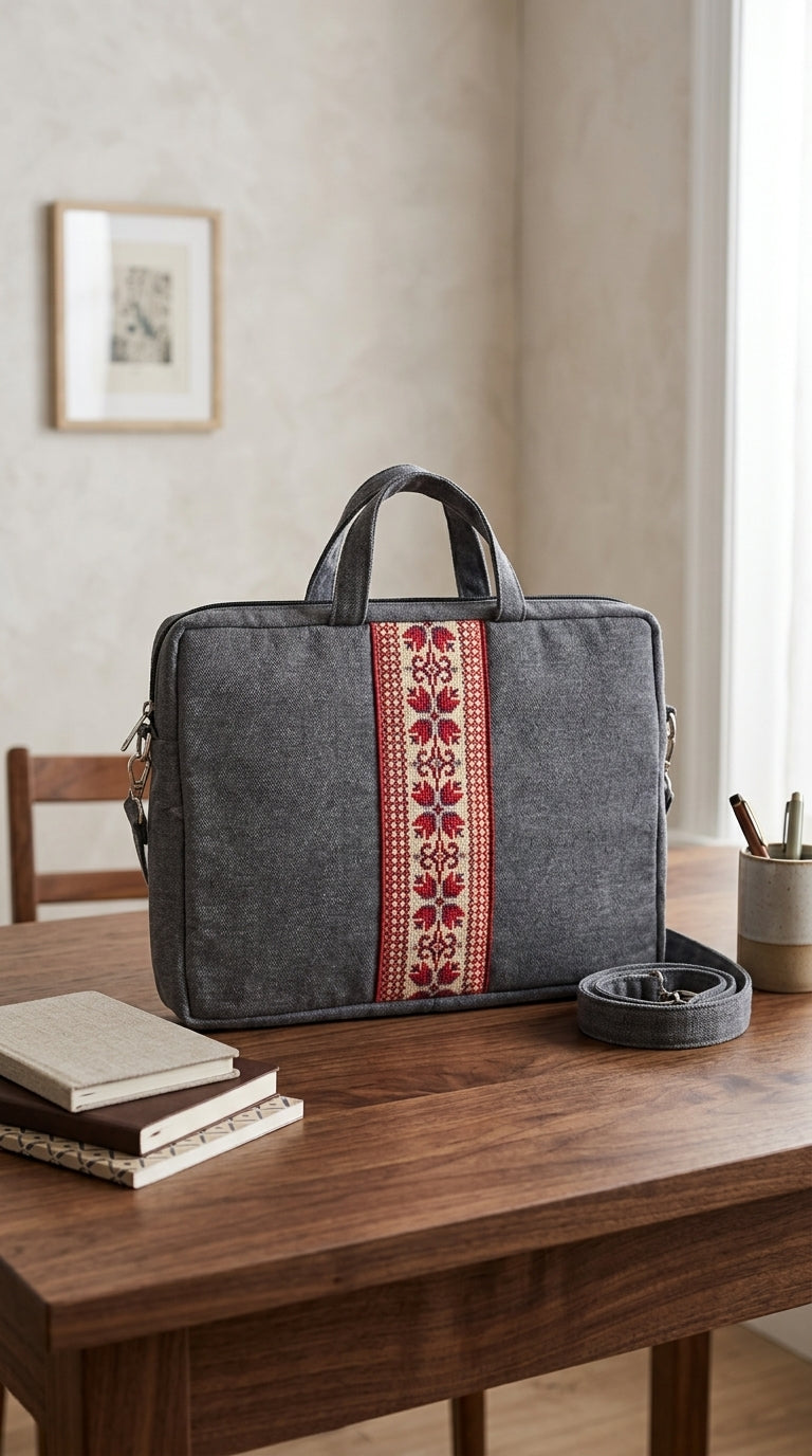 Yara Design Embroidered Tatreez Laptop Bag - Stone Grey