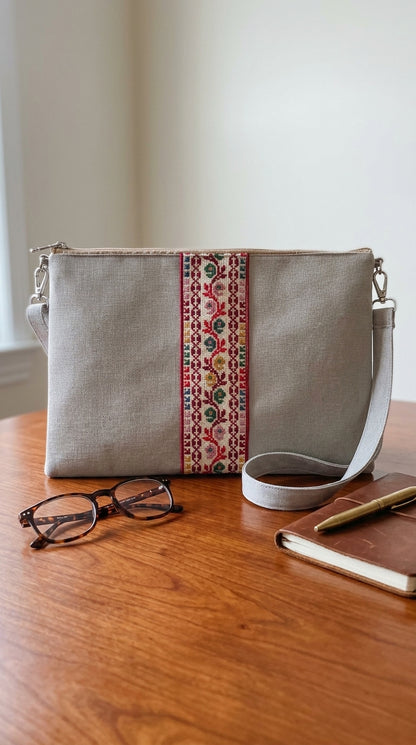 Yara Design Embroidered Tatreez Laptop Crossbody Bag - Oatmeal Grey