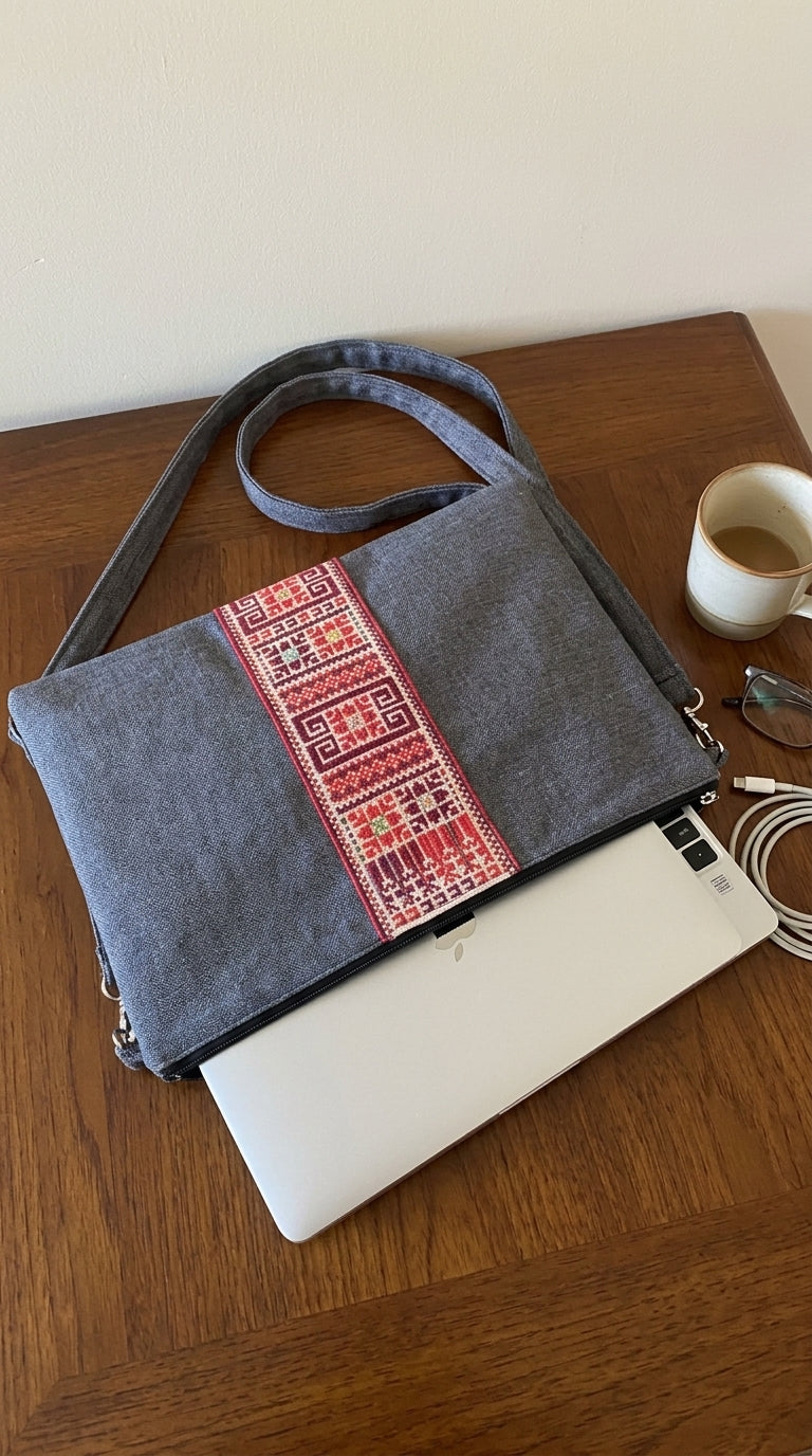 Yara Design Embroidered Tatreez Laptop Crossbody Bag - Denim Grey