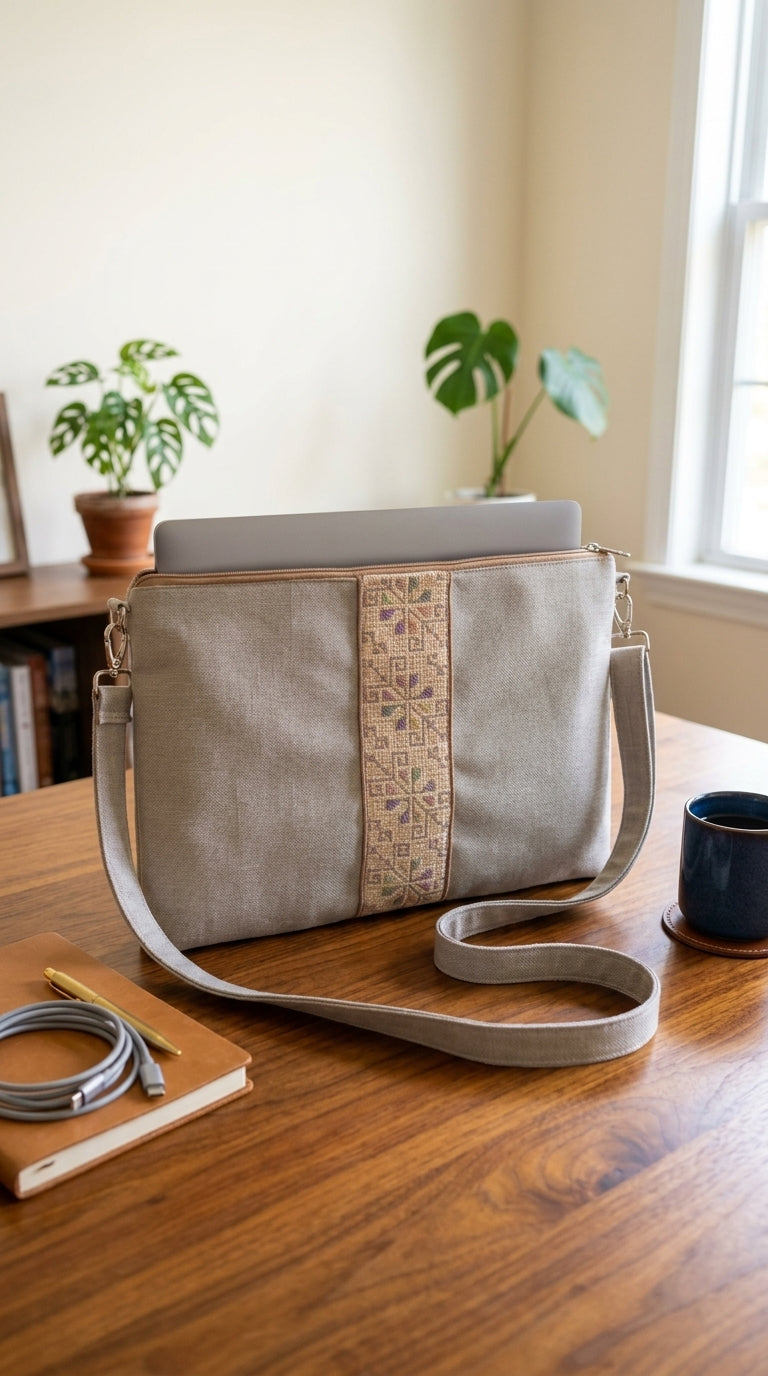 Yara Design Embroidered Tatreez Laptop Bag - Sand Beige