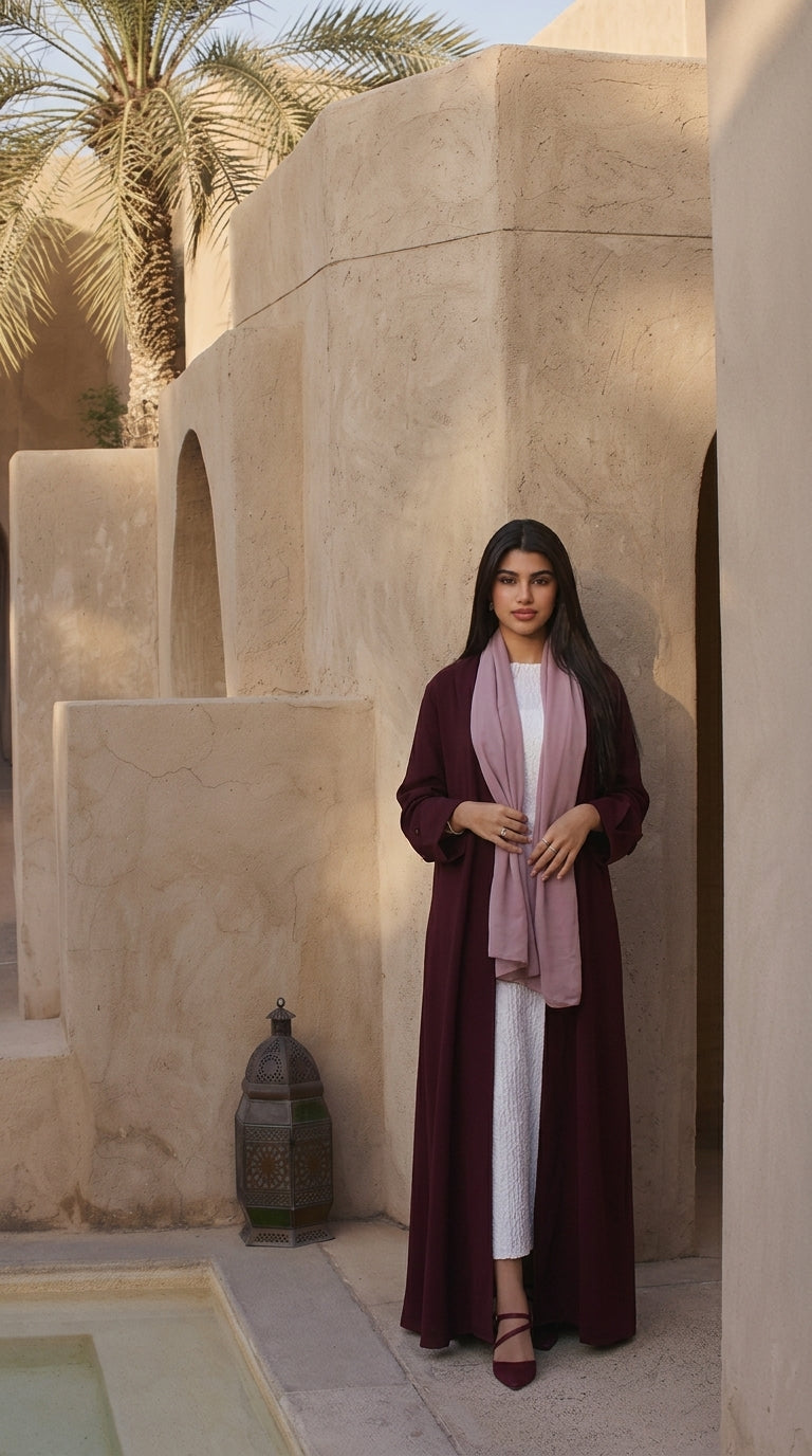 The Burgundy Pattern-Panel Abaya