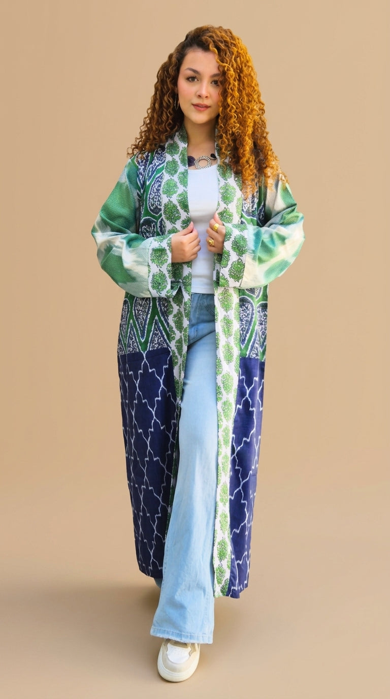 Long Boho Kimono - Green & Blue