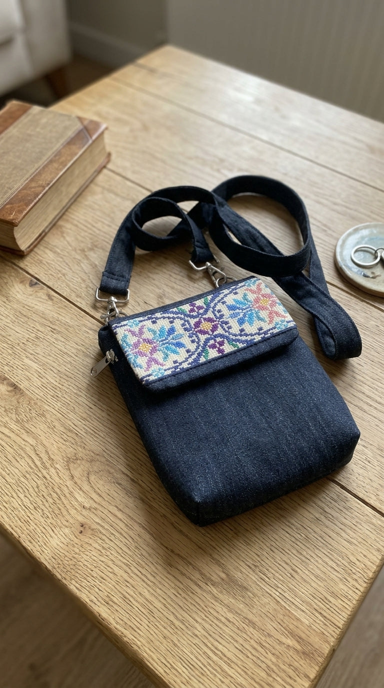 Yara Design Embroidered Tatreez Phone Bag - Denim Blue