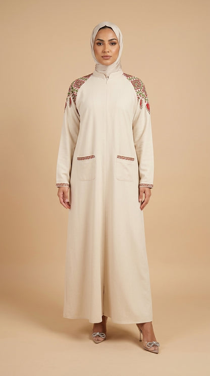 Cream Heritage Hand-Embroidered Linen Abaya