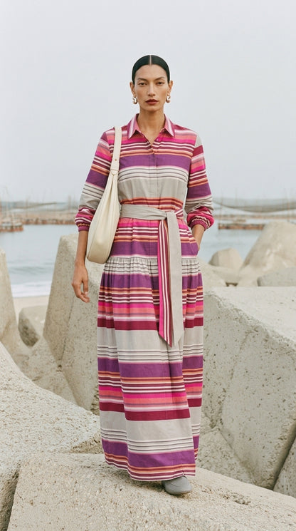فستان قميص ماكسي أنيق مخطط مع ربطة خصر