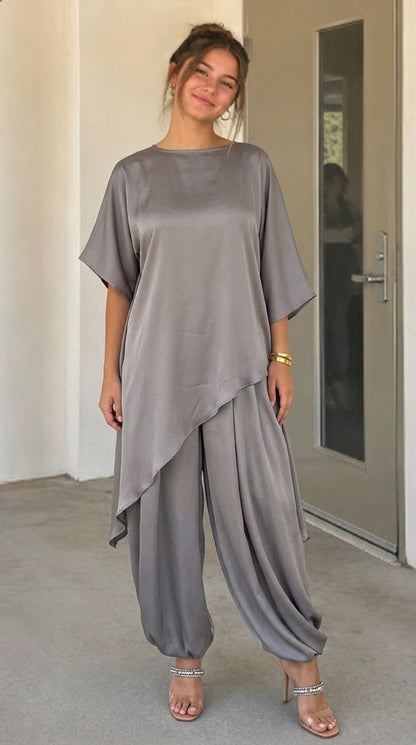 Asymmetrical Satin Tunic & Matching Pants Set