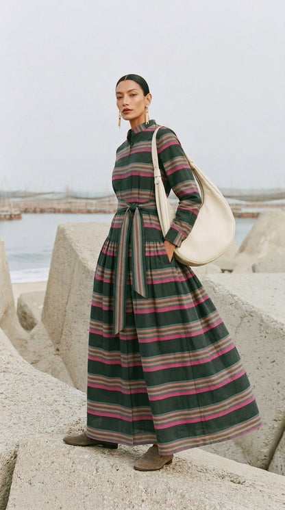 Midnight Forest Striped Maxi Shirtdress
