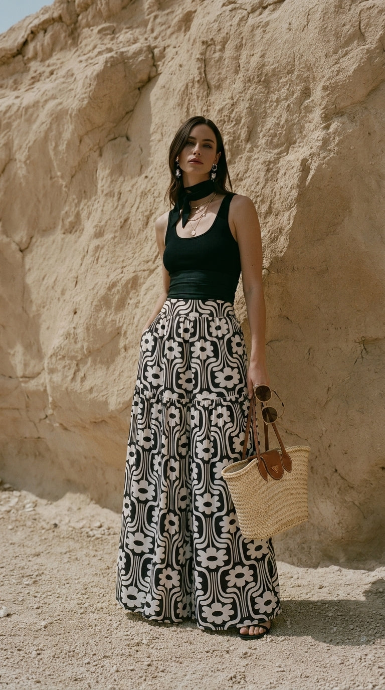 Black & White Floral Maxi Skirt – Double Crepe Fabric