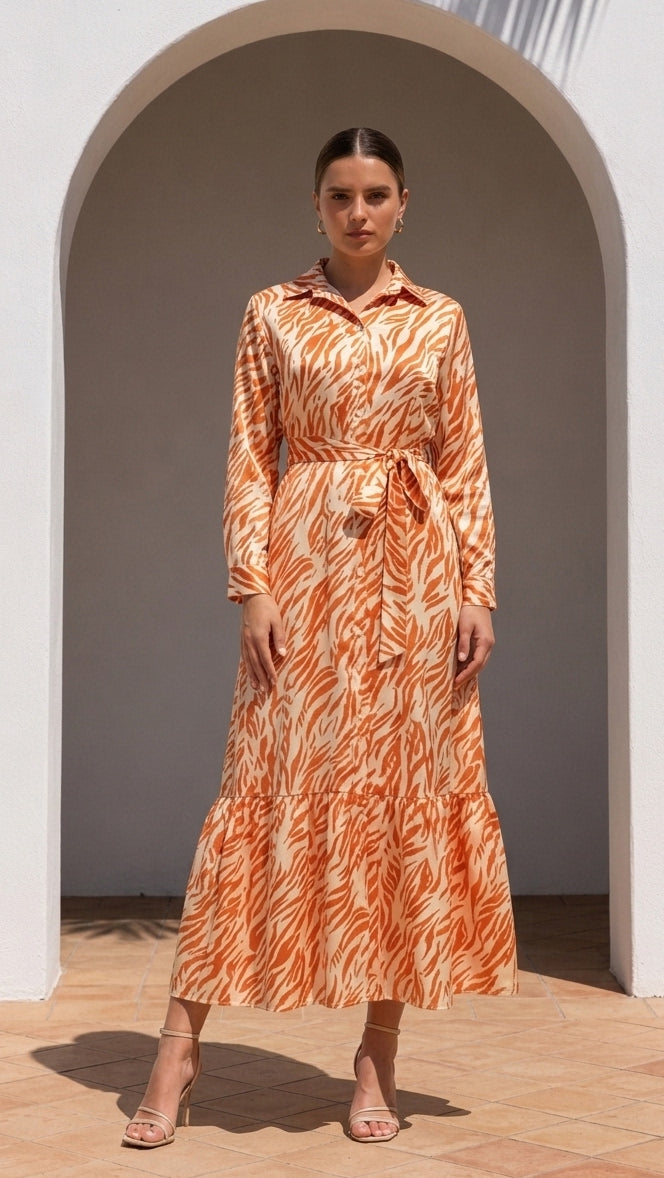 Tiger Stripe Satin Maxi Shirtdress