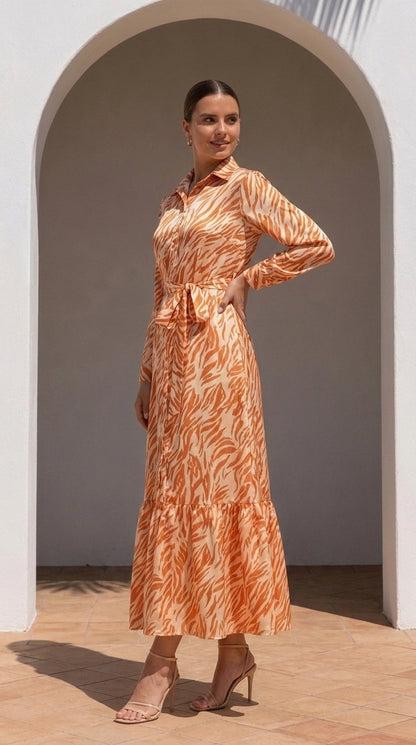 Tiger Stripe Satin Maxi Shirtdress