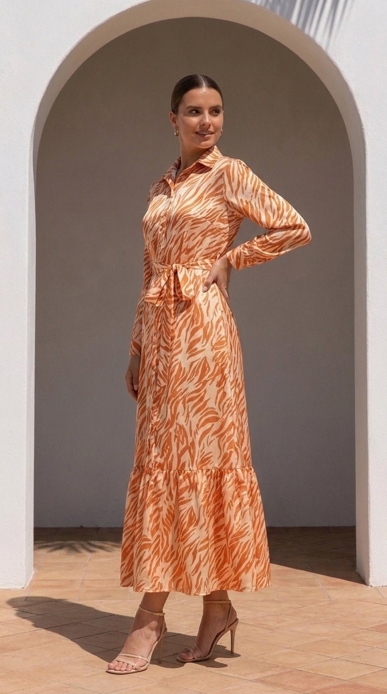 Tiger Stripe Satin Maxi Shirtdress