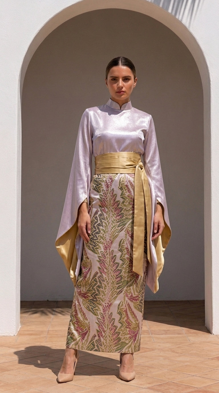 Satin Patterned Caftan Dress with Wide Belt