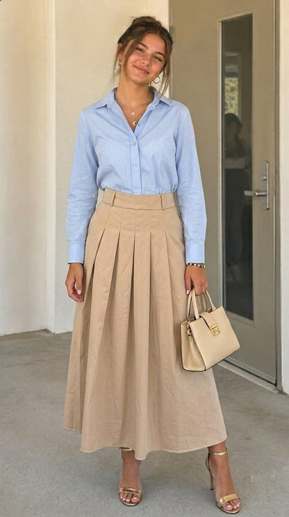 Pleated High-Waisted Midi Skirt