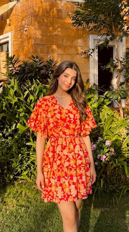 Floral V-Neck Flutter-Sleeve Mini Dress