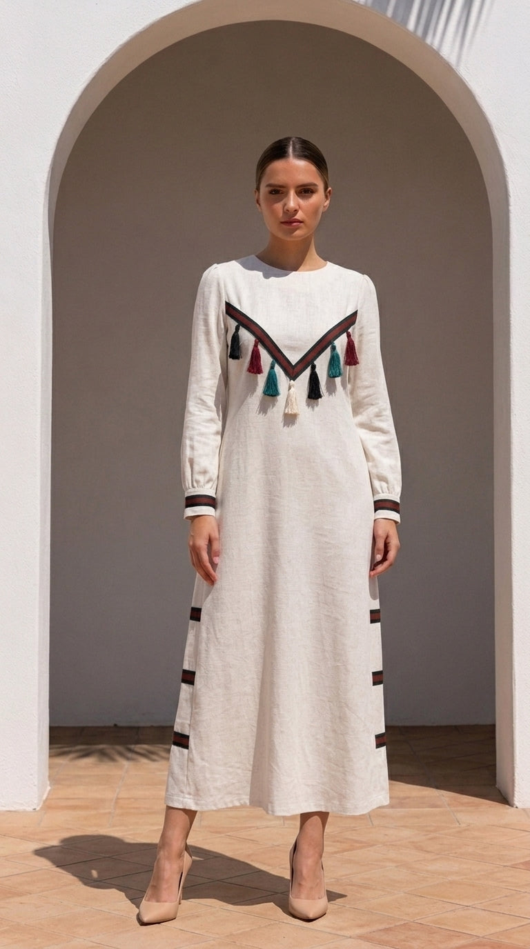 Embroidered Long Sleeve Midi Dress with Tassel Accents