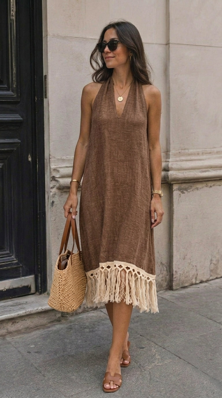 Fringe Trim Knit Halter Dress