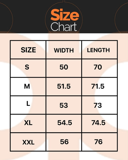 Size chart for clothing with measurements in width and length on a beige background.