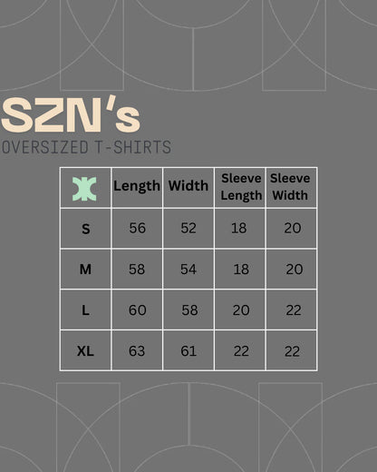 Size chart for oversized t-shirts by SZN's on a gray background