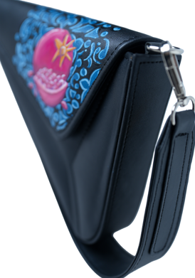 Black triangular pouch with colorful floral design on a white background