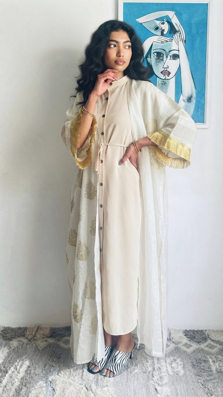 A woman models a long cream-colored kaftan dress with gold patterned details and wide sleeves, standing in a room with a white wall and a blue framed art print in the background.