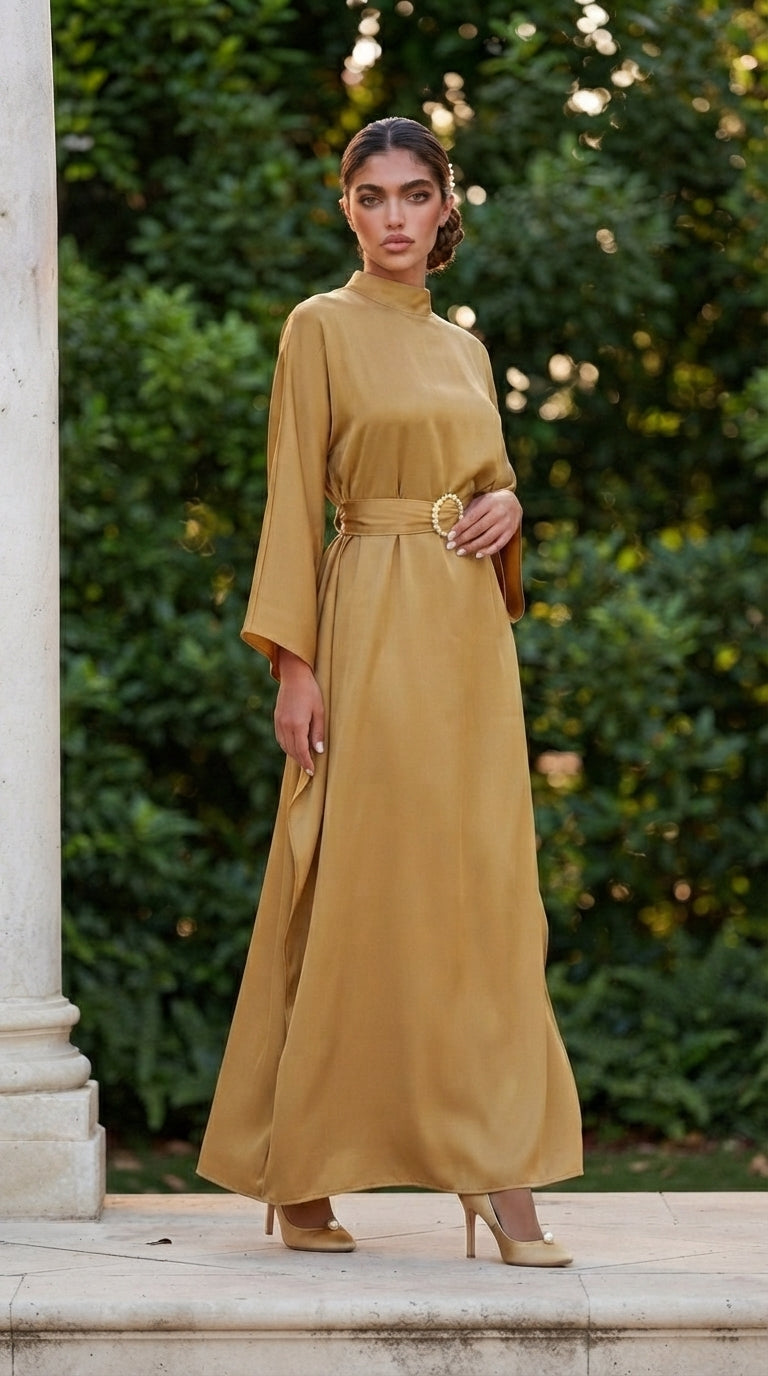 A woman models a mustard yellow maxi dress with a high neck, three-quarter sleeves, and a matching belt with a gold buckle, set against a background of green foliage and a white stone column.