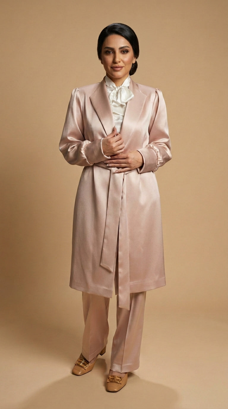 Woman wearing a light pink suit with a white shirt on a beige background