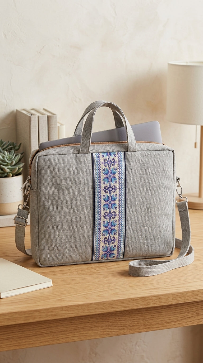 Yara Design Embroidered Tatreez Laptop Bag - Grey