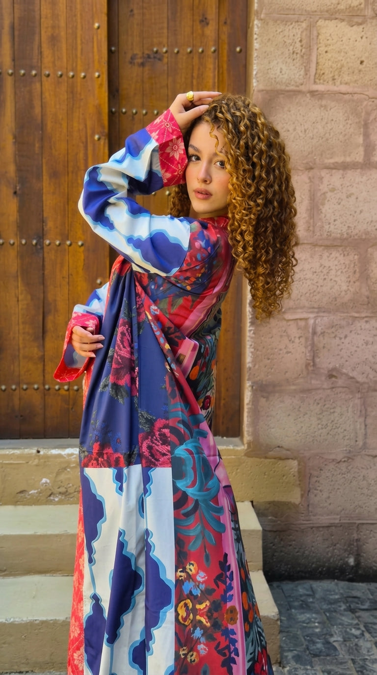 Long Boho Kimono - Blue & Red