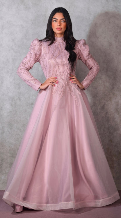 Blush Pink Beaded Ballgown with Structured Puff Sleeves