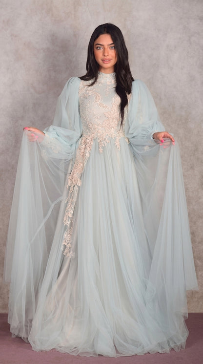 Powder Blue Tulle Gown with Ivory Lace Appliqué and Dramatic Bell Sleeves