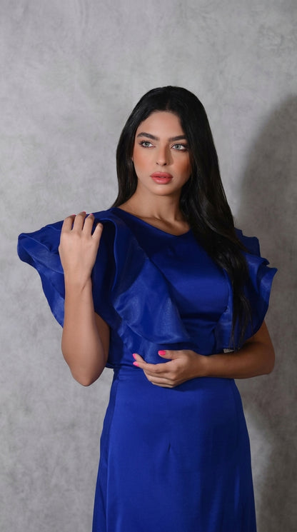 Royal Blue Satin Mermaid Gown with Ruffled Off-Shoulder Neckline
