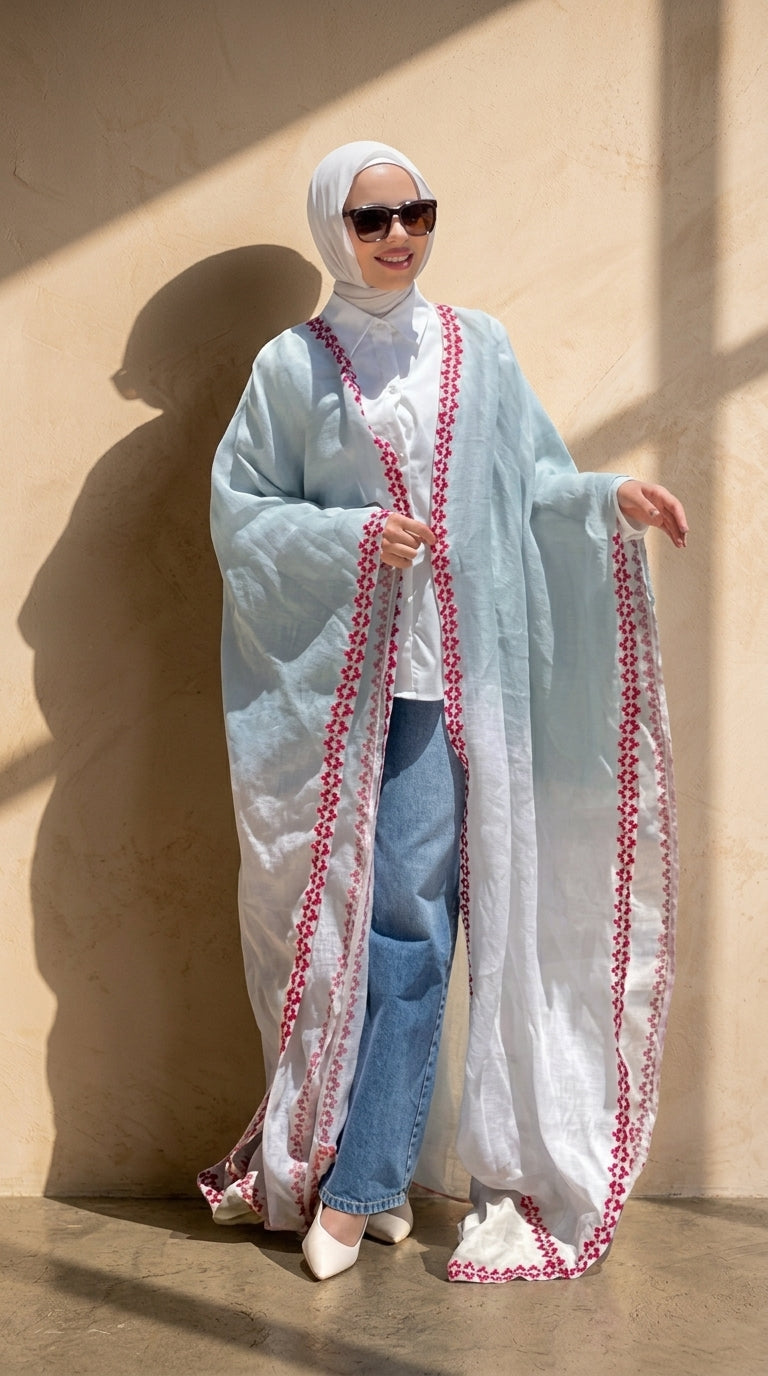 The Coastal Wave Linen Cape: Sky &amp; Crimson