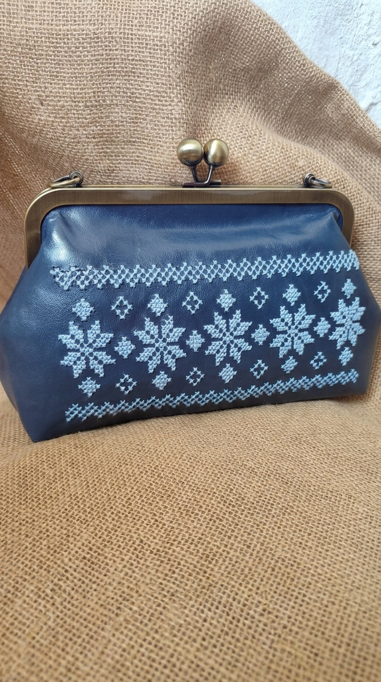 Folk-Art Cream Leather Embroidered Kiss-Lock Bag.