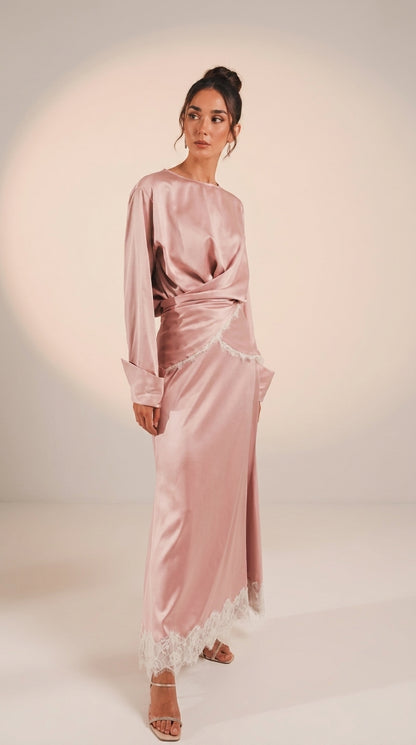 Satin Ruched Twist-Front Midi Dress Set