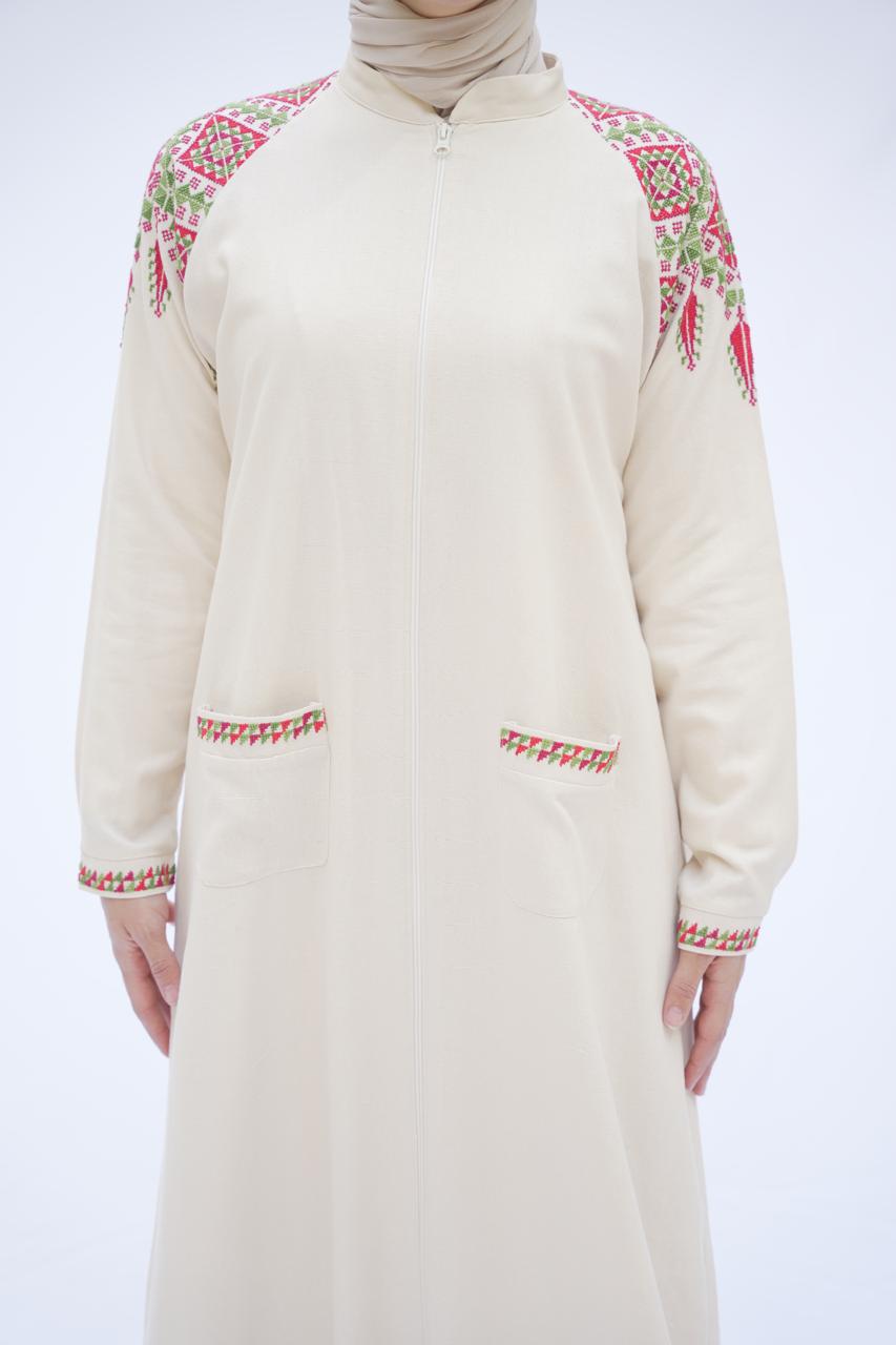 Cream Heritage Hand-Embroidered Linen Abaya