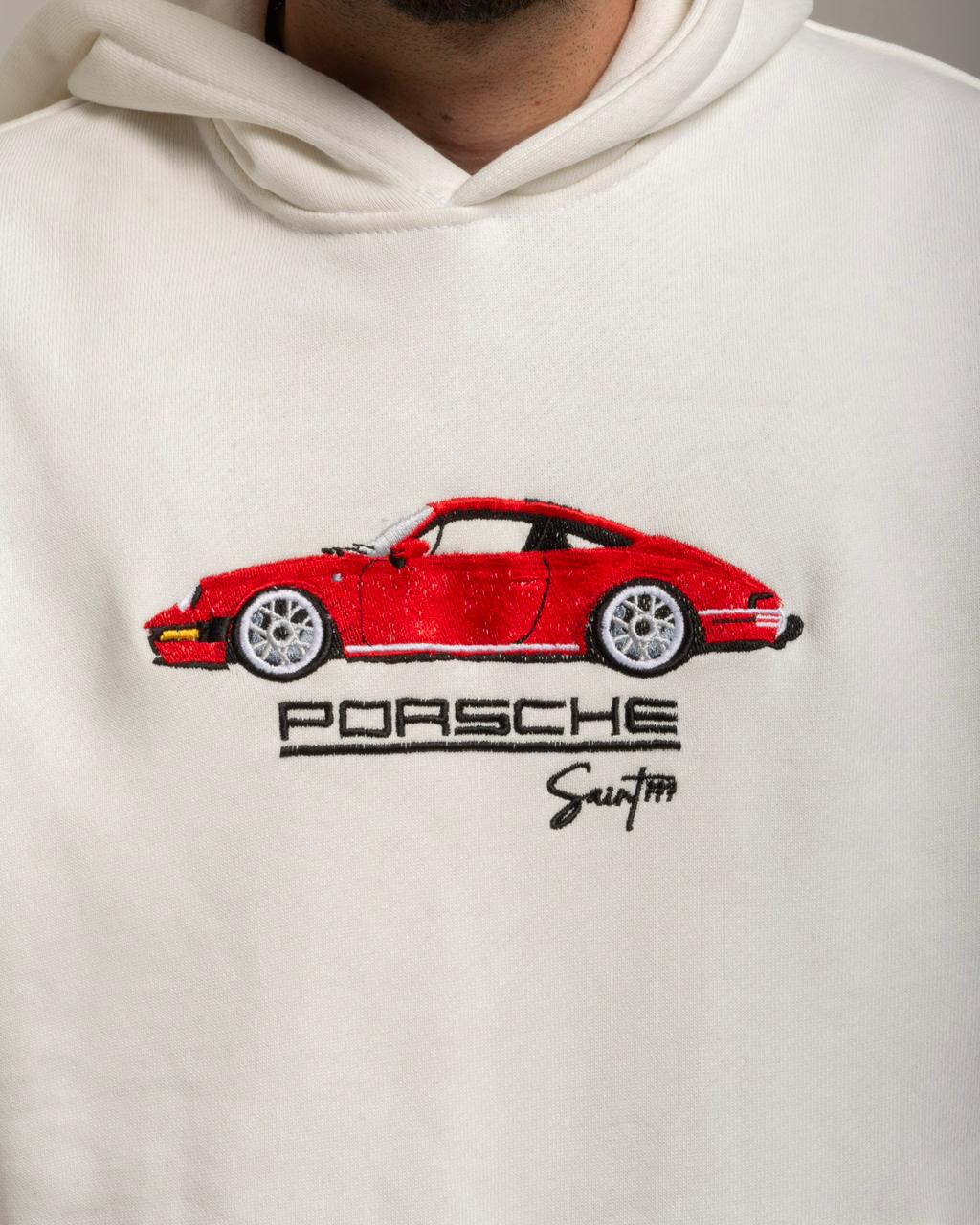 White hoodie with red Porsche car graphic and logo