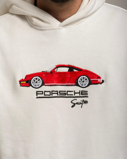 White hoodie with red Porsche car graphic and logo