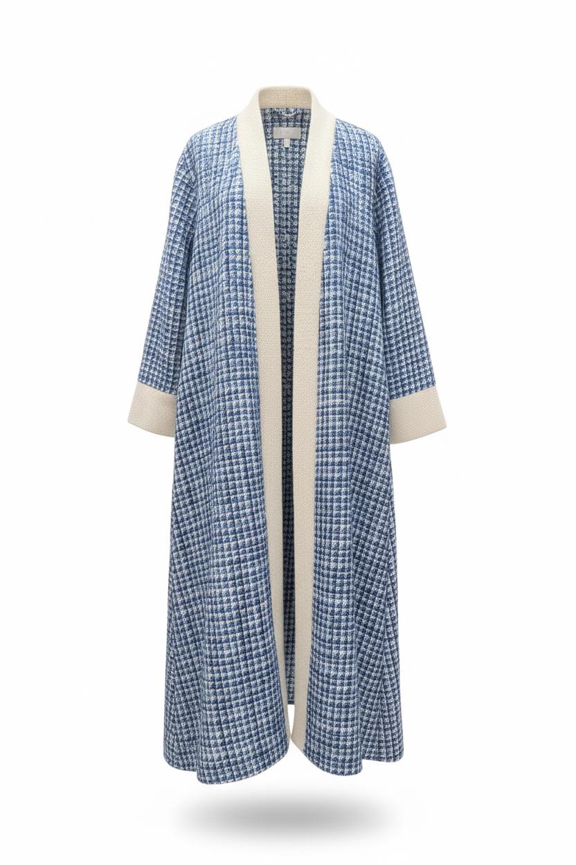 Blue and white checkered robe with cream trim on a mannequin against a white background