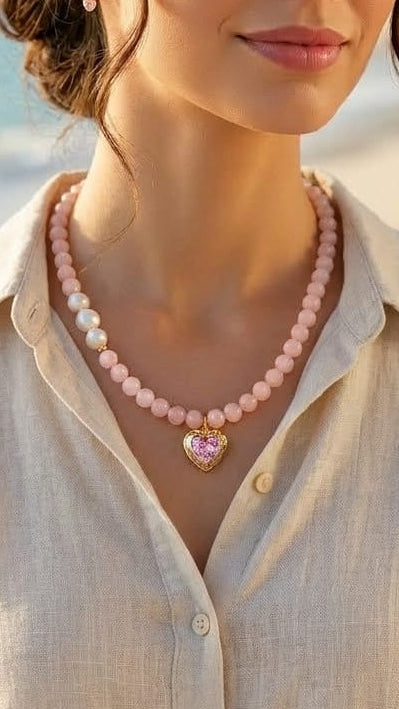 A woman with her hair in an updo models a pink beaded necklace with a heart-shaped crystal pendant, wearing a light beige linen shirt against a tropical beach background.