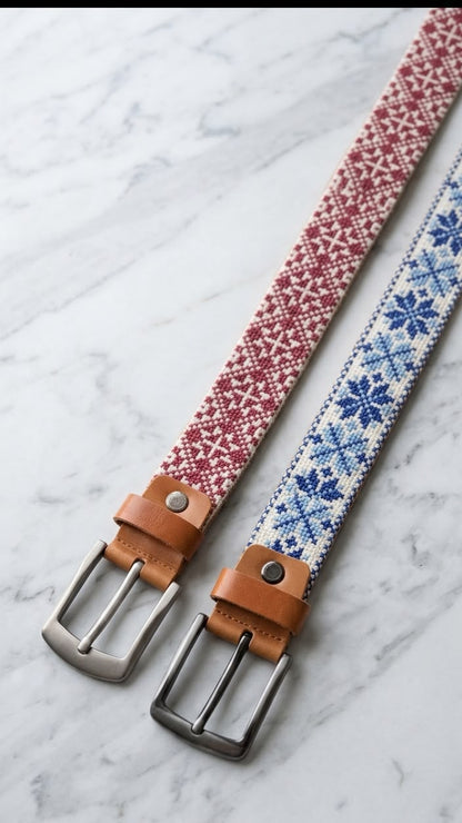 Two woven belts with silver-toned metal buckles, displayed on a white marble surface. One belt has a red and white Nordic pattern, and the other has a blue and white Nordic pattern, both with tan leather loops.