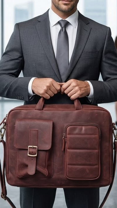 A man in a dark gray suit holding a brown leather briefcase in a modern office hallway with large windows and blurred colleagues in the background.